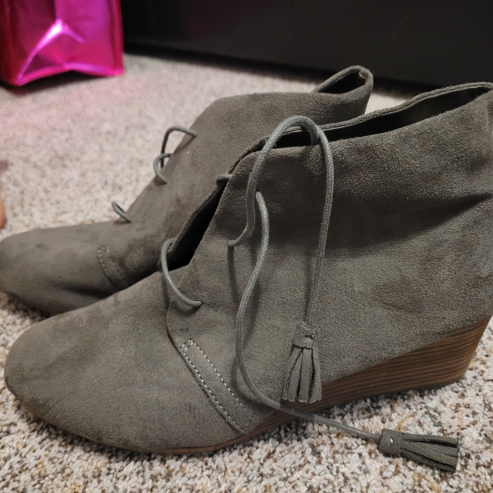 Green Suede Tassle wedge booties from Dr. Scholls